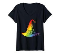 Womens Rainbow Witch Hat Occult Halloween Wicca LGBTQ V-Neck T-Shirt