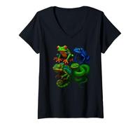 Womens Rainforest Creatures Collage Frogs Chameleon Snake Wildlife V-Neck T-Shirt