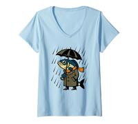 Womens Rainy Day Fish in a Coat Holding an Umbrella V-Neck T-Shirt