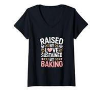 Womens Raised by Love Sustained by Baking Baker Quote V-Neck T-Shirt
