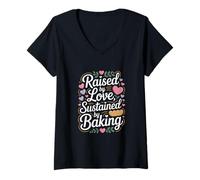 Women's Raised by Love Sustained by Baking Baker Quote V-Neck T-Shirt