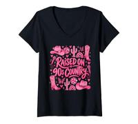 Women's Raised On 90s Country Music Fan Pink Retro Design V-Neck T-Shirt