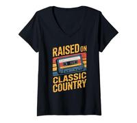 Womens Raised On Classic Country Retro Cassette Country Music V-Neck T-Shirt