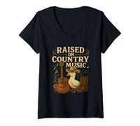Womens Raised on Country Music Funny Duck Cowboy Hat Western Design V-Neck T-Shirt