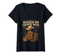 Womens Raised on Country Music Western Cowboy Hat Floral Guitar V-Neck T-Shirt