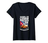 Women's Raised On Cuban Bread and Croquetas Funny Cuba Roots V-Neck T-Shirt