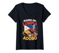 Womens Raised on Lumpia Adobo Filipino Food Lover Design V-Neck T-Shirt