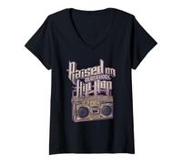 Womens Raised on Old School Hip Hop and Boombox graphic distressed V-Neck T-Shirt