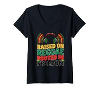 Women's Raised On Reggae Rooted in Freedom Independence Jamaica V-Neck T-Shirt