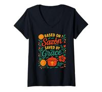 Womens Raised on Sazón, Saved by Grace, Latina with Faith & Flavor V-Neck T-Shirt