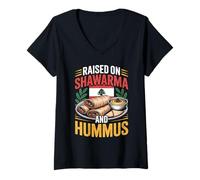 Womens Raised on Shawarma Hummus Lebanese Food Design V-Neck T-Shirt