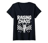 Womens Raising Chaos Skeleton Hand Rock Anthem Graphic V-Neck T-Shirt