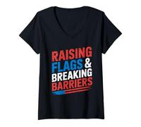 Womens Raising Flags Design - Breaking Barriers Patriotic USA Art V-Neck T-Shirt