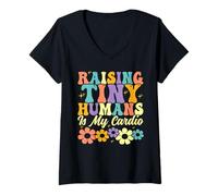 Womens Raising Tiny Humans is My Cardio Groovy Floral Family Parent V-Neck T-Shirt