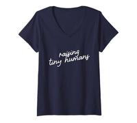 Women's Raising Tiny Humans Minimalist Mom Script Phrase V-Neck T-Shirt