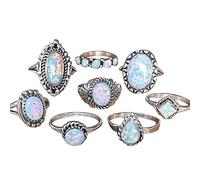 Women's Ramadan Gifts 8Pcs Opal Set Engagement & Wedding Gemstone Rings (Silver, One Size)