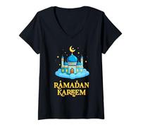 Women's Ramadan Kareem Mosque Crescent Moon Art Graphic V-Neck T-Shirt