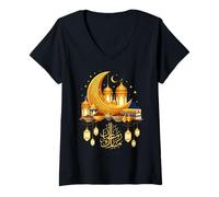 Women's Ramadan Mubarak Crescent Moon Lantern Art Graphic V-Neck T-Shirt