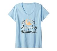Women's Ramadan Mubarak Happy Fasting Crescent Moon Islamic Muslim V-Neck T-Shirt