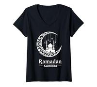 Women's Ramadan Mubarak Happy Fasting Crescent Moon Islamic Muslim V-Neck T-Shirt
