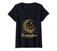 Women's Ramadan Mubarak Kareem Happy Fasting Muslim Crescent Moon V-Neck T-Shirt
