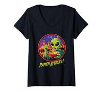 Women's Ramen Attacks Alien Eating Noodles UFO Invasion Sci-Fi Food V-Neck T-Shirt