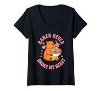 Women's Ramen Never Broke My Heart Cute Capybara Love V-Neck T-Shirt