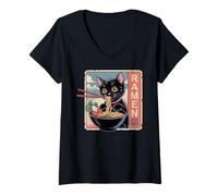Womens Ramen Noodle Japanese Anime Manga Ramen Kawaii Cat V-Neck T-Shirt