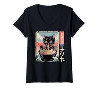 Womens Ramen Noodle Japanese Anime Manga Ramen Kawaii Cat V-Neck T-Shirt