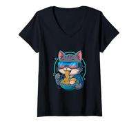 Womens Ramen Noodles Cat Japan Kawaii Retro Cats Manga Anime V-Neck T-Shirt