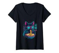 Womens Ramen Noodles Cat Japan Kawaii Retro Cats Manga Anime V-Neck T-Shirt