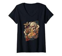 Women's Ramen Samurai Skull Octopus Japanese Noodle Art V-Neck T-Shirt