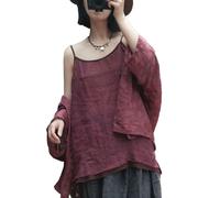 Womens Ramie Breathable Tank Tops Causal Sleeveless Floral Print Tops Summer Loose Fit Spaghetti Strap Cami Shirt, Burgundy, One Size