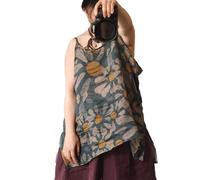 Womens Ramie Camisole Cami Floral Printed Strappy Slip Tops Summer Loose Fit Spaghetti Strap Cami Shirts, Blue Print, One Size