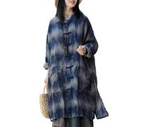 Women's Ramie Frog Button Chinese Collar Long Sleeve Chinese Loose Trench Coat with Patch Pocket, Dark Blue Tie-dye Done, One size