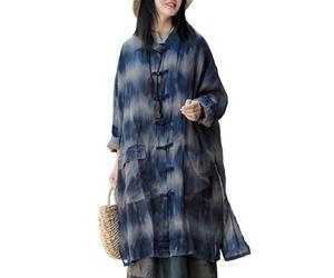 Women's Ramie Frog Button Chinese Collar Long Sleeve Chinese Loose Trench Coat with Patch Pocket, Dark Blue Tie-dye Done, One size