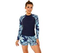 Women's Rash Guard Swimsuit Two Pieces Tankini Set Swimwear Floral Print Long Sleeve Swim Shirt Tops with Chest Pads Split Bathing Suit Surfing Suit Swimming Costume Navy Blue XXL