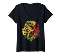 Womens Rasta Reggae Music Headphones Jamaican Roots Lion of Judah V-Neck T-Shirt
