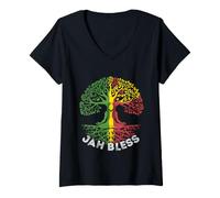 Women's Rasta Reggae Music Rastafari Roots Jamaican Jah Bless V-Neck T-Shirt
