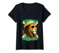 Womens Rastafari Lion with Dreadlocks Glasses and Jamaica Flag V-Neck T-Shirt