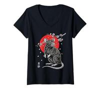 Women's Rat Sakura Cherry Blossom Mouse Japanese Art Graphic V-Neck T-Shirt