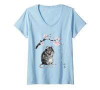 Women's Rat Sakura Cherry Blossom Mouse Japanese Art Graphic V-Neck T-Shirt