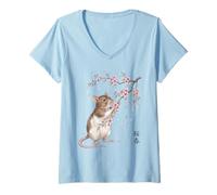 Women's Rat Sakura Cherry Blossom Mouse Japanese Art Graphic V-Neck T-Shirt