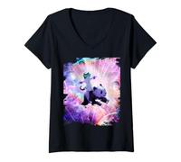 Women's Rave Space Cat Riding Panda - Rainbow V-Neck T-Shirt