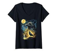 Women's Raven Howling to The Moon Meme Funny 90's Crow Bird Raven V-Neck T-Shirt