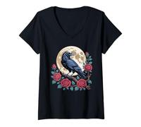 Womens Raven Moon Roses Gothic Crow Retro Illustration Vintage V-Neck T-Shirt