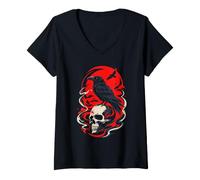 Women's Raven Perched On Skull Red Moon V-Neck T-Shirt