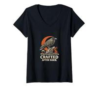 Women's Raven Sewing Moon Retro Halloween Craft V-Neck T-Shirt