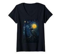 Womens Raven Under Starry Night Moon Fantasy Art Scene V-Neck T-Shirt