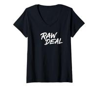 Women's Raw Deal Retro Distressed Typography Graphic V-Neck T-Shirt